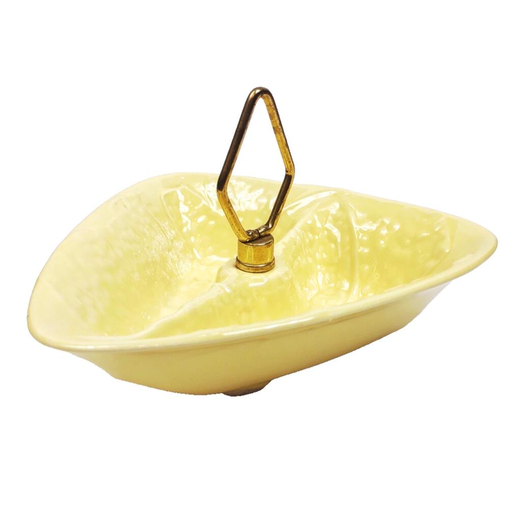 MCM California Pottery Yellow Divided Relish Nut Dish Candy Bowl w Metal Handle